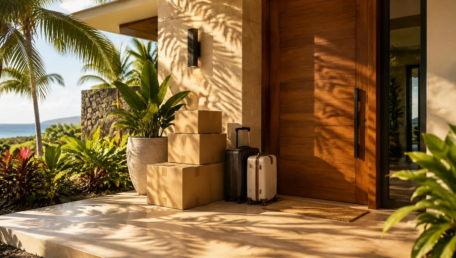 Editorial illustration of moving boxes and luggage at a tropical residential entrance