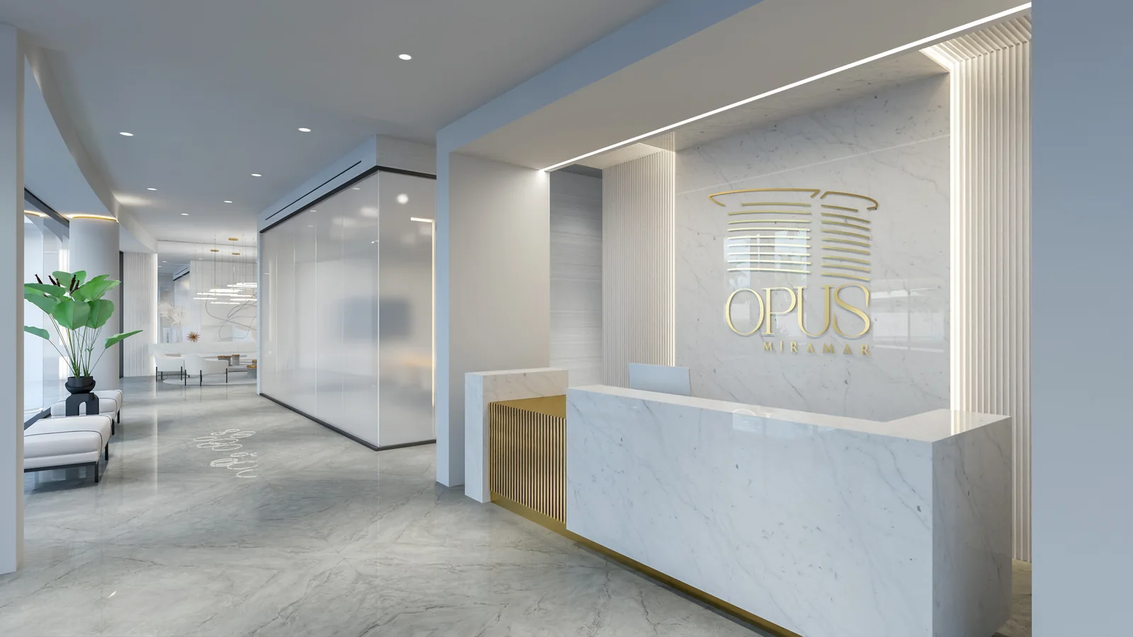 OPUS Miramar reception lobby, architectural rendering