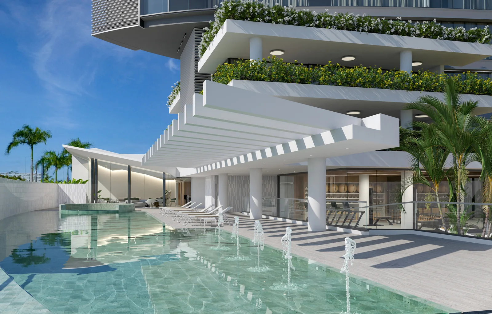 OPUS Miramar pool terrace and building podium, architectural rendering