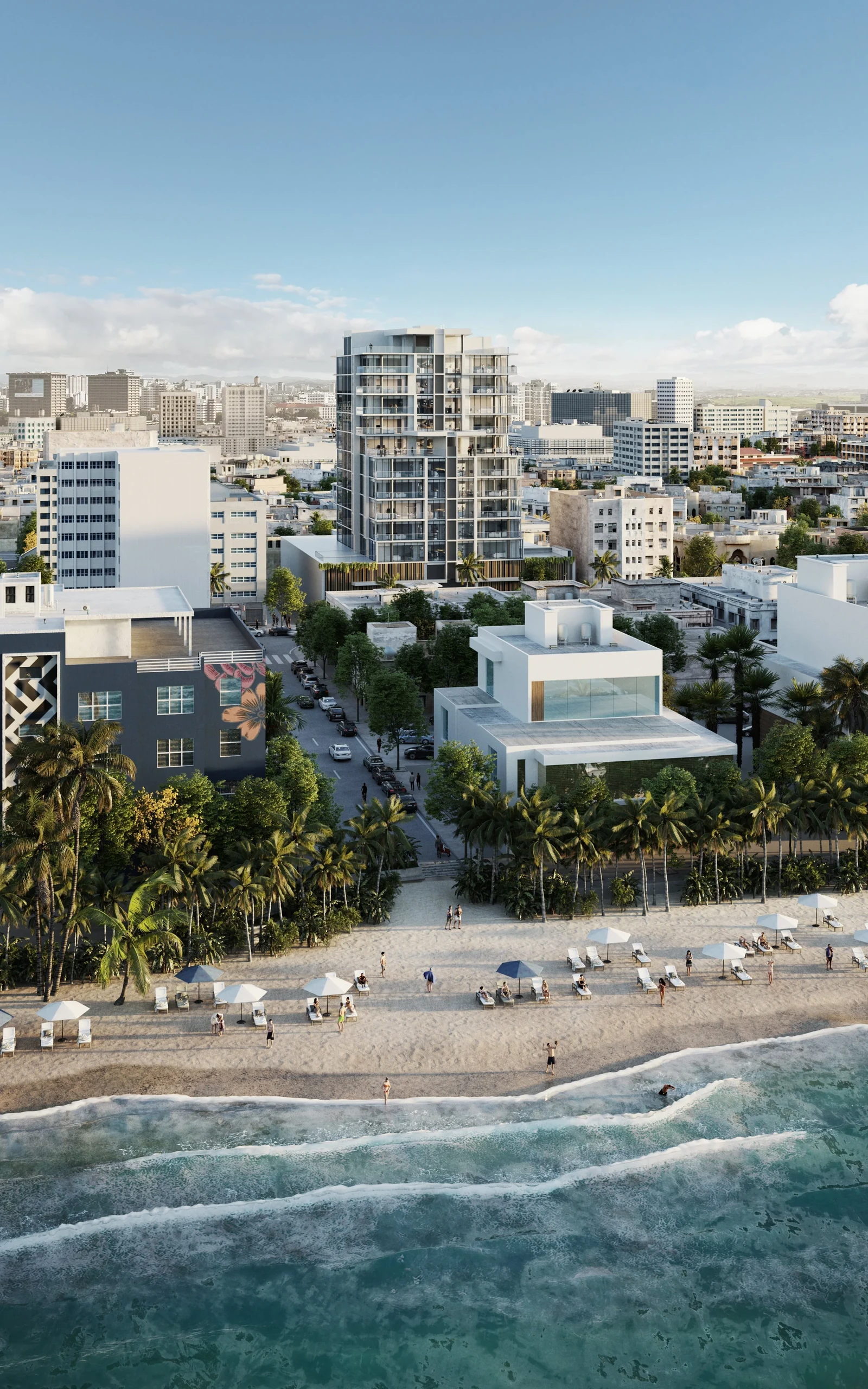 Official aerial architectural rendering of The Icon in Condado, seen from the shoreline