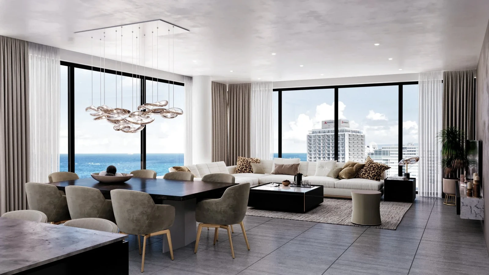 Official The Icon residence rendering with a living room, dining area and Condado ocean views