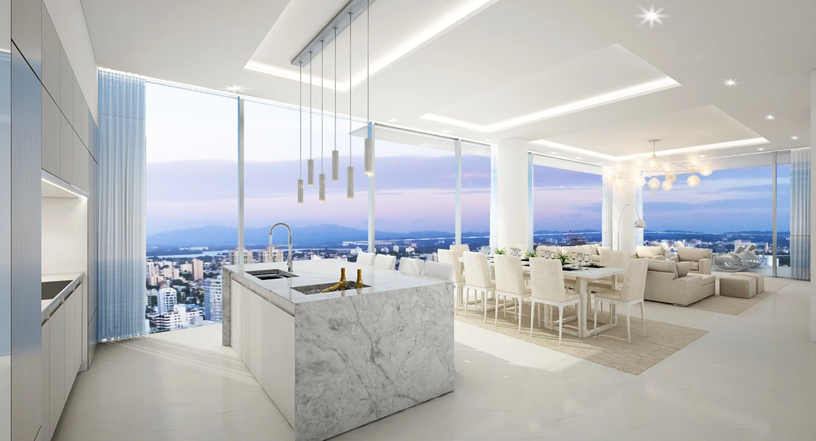Official Vanderbilt Residences rendering of an open living area and kitchen with city and ocean views