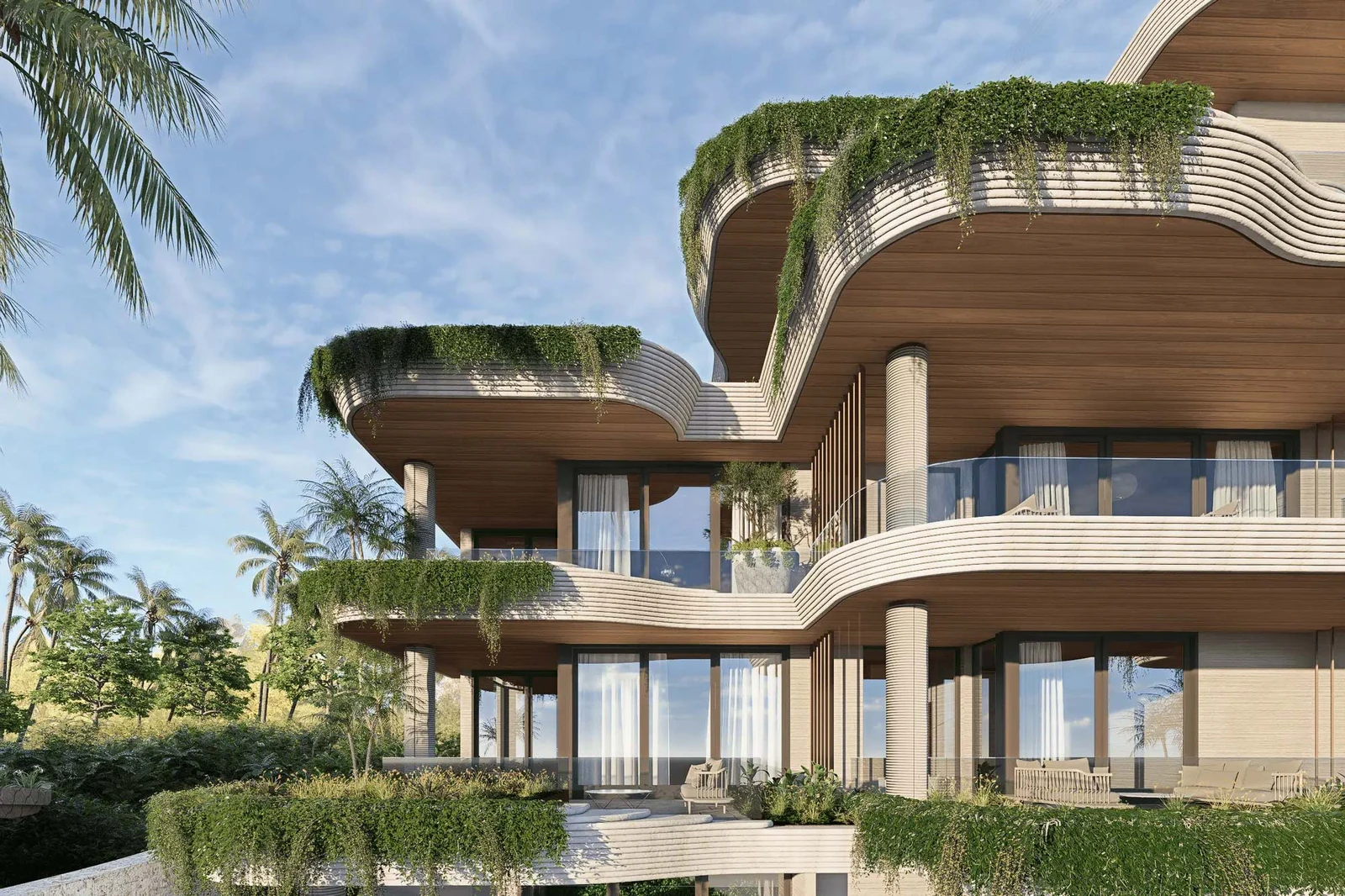 Auberge Collection Residences at Moncayo, architectural rendering of curved balconies and tropical landscaping