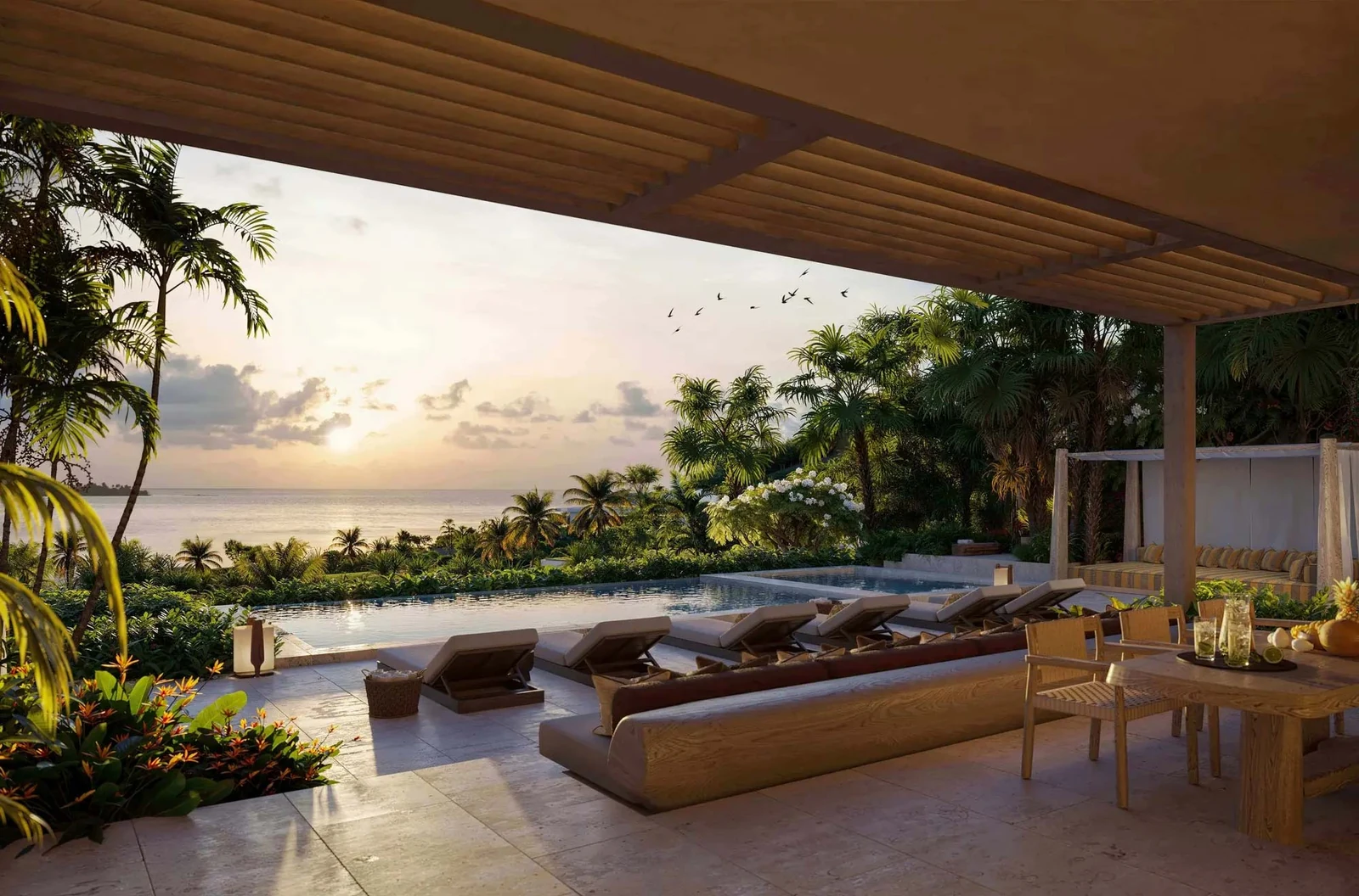 Moncayo residential terrace, infinity pool and tropical ocean setting at sunset, architectural rendering